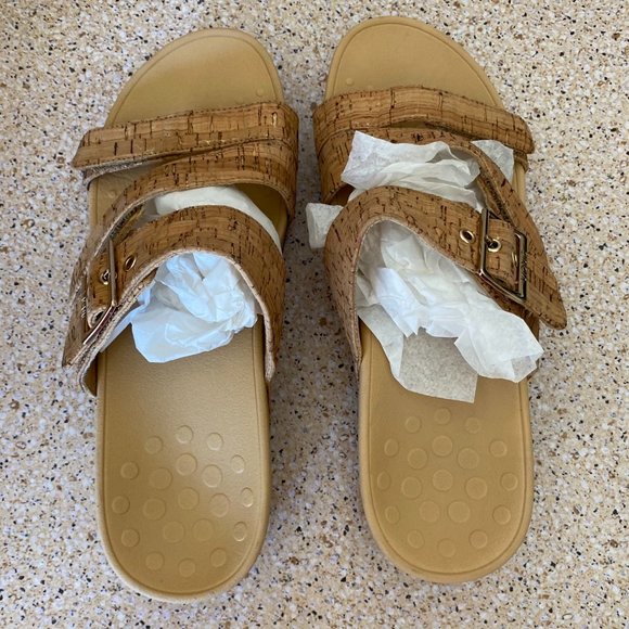 WOMENS VIONIC RIO ADJUSTABLE PLATFORM SANDAL LEATHER GOLD CORK SIZE 10 - Picture 9 of 12